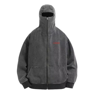 Sweats à capuche personnalisés pour hommes à fermeture éclair, manches longues, design personnalisé, style gangster, double couche, lavage à l'acide, 100% coton, capuche balaclava à fermeture éclair - Product Image 1