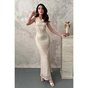 Vestido Largo con Tirantes Brillantes en Color Blanco Hueso - Ecru - Product Image 1