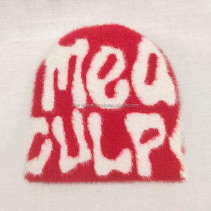 Venta caliente personalizado Beanie Mea culpa mohair tejer sombrero acrílico tejido Jacquard Beanie con logotipo personalizado - Product Image 5