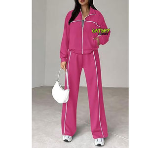 Ensemble deux pièces d'entraînement avec logo personnalisé pour femme, ensemble veste à capuche et pantalon évasé à rayures pour fitness et yoga, survêtement pour femme - Product Image 6