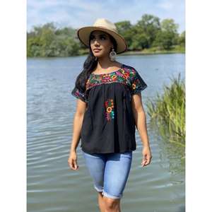 Womens Mexican Embroidered Blouse White Cotton Ethnic Floral Tunic <b>Top</b> Handmade Boho <b>Short</b> <b>Sleeve</b> - Product Image 4