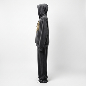 Conjunto Urbano de Moda para Mujer, Estilo Y2K, Sudadera Corta de Terciopelo con Capucha, Pantalones Anchos con Pedrería en las Mangas, Estilo Urbano Pesado - Product Image 4