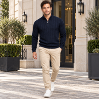 Pull à col zippé pour homme FNJIA, bleu marine, tricot texturé, décontracté, pour le bureau, automne, fournisseur en gros de vêtements en tricot personnalisés OEM, Europe