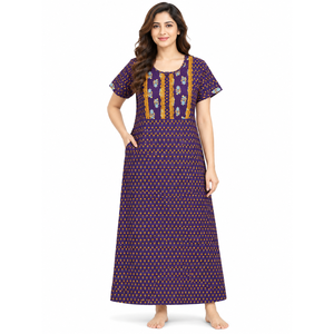 Women's 100% Cotton <b>Long</b> Sleeve Maxi Nightgown-Traditional Motif Print Soft & Comfortable Quick Dry Sleepwear - Product Image 6