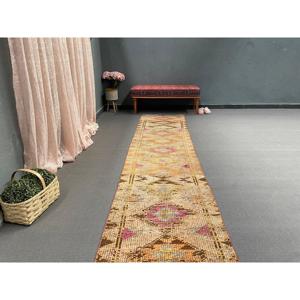 Vintage <b>Rug</b>, 2.5x13.7 ft <b>Runner</b> Turkish <b>Rug</b>, Herki Orange Pink Floral <b>Rug</b> - Product Image 4