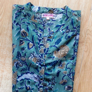 Túnica de algodón con estampado de bloque de mano para mujer, Top de manga corta de algodón con estampado Floral, ropa de playa para otoño - Product Image 1