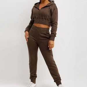 ชุดวอร์มครอปแบบลำลองสำหรับผู้หญิงเสื้อสั้นตัวยาวทนทานพิมพ์โลโก้สีทึบมีฮู้ด - Product Image 4