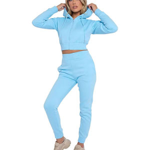 Ensemble de survêtement décontracté pour femme, bleu ciel, avec sweat à capuche court et pantalon de jogging, tenue de sport athlétique, couleur unie, 100 % coton - Product Image 1