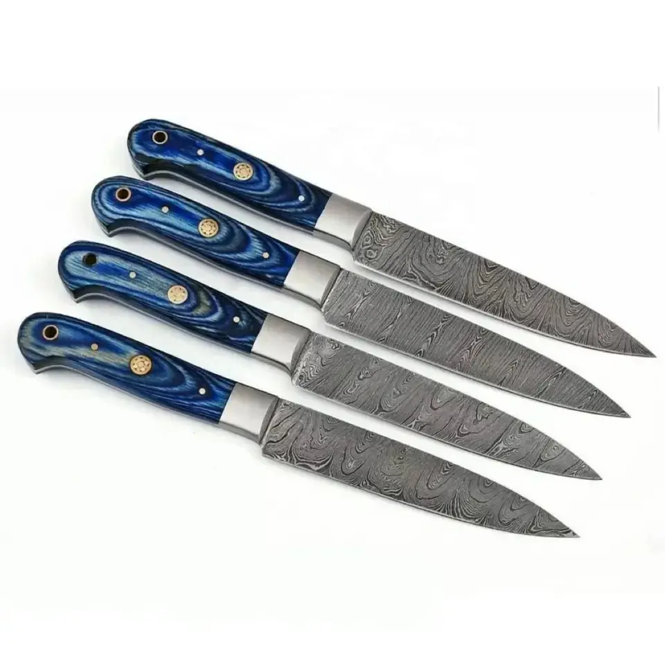 Cuchillos para carne de acero de Damasco hechos a mano personalizados Mango de madera azul Pakka Juego de cuchillos para carne de cocina de 4 piezas
