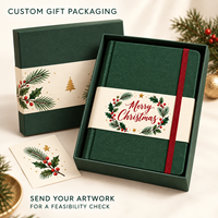 Carnet de Noël personnalisé LABON, couverture rigide en tissu vert, bande de reliure CMYK, fermeture élastique rouge, boîte cadeau de Noël avec dorure à chaud