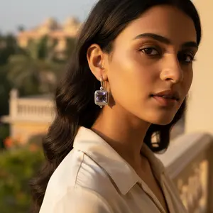 "Trendy 925 Silver <b>Amethyst</b> Square <b>Stud</b> <b>Earrings</b> for Women Gift for Engagement Wedding Anniversary Party or Classic Style" - Product Image 2