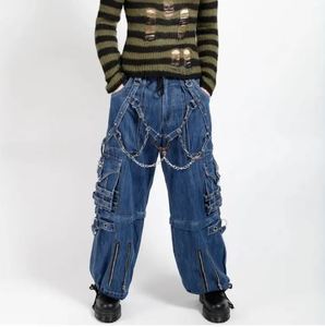 2025 Street Style Heavy Zipper Multi-pocket Cargo Jeans Spice Girl Mid Waist Loose Old Straight Pants Wide Leg Crystal Button - Product Image 5