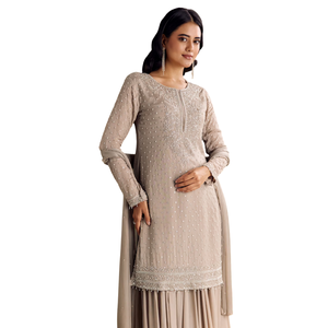 Vente en gros de vêtements ethniques pour femmes OEM tenue de mariage personnalisée ensemble Kurta marron clair avec paillettes Palazzo et Dupatta - Product Image 3