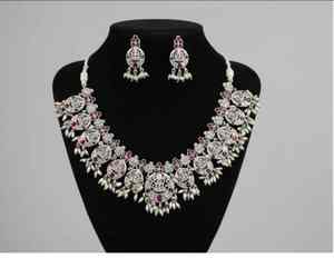 Designer Oxidised Silver Fancy Temple Jewellery Short Necklace <b>Set</b> Elegant Traditional <b>Indian</b> Ethnic <b>Jewelry</b> for Women - Product Image 2