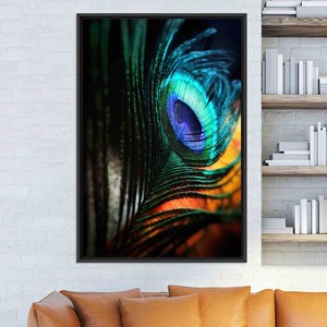 Printed <b>Canvas</b> Artwork: Peacock Feather Glass Wall Art, Modern Home Decor,BLACK <b>FRAMED</b> <b>CANVAS</b> - Product Image 1