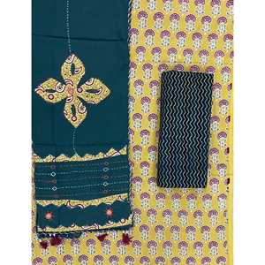 Conjunto de traje de seda sin coser con estampado a mano y diseño de bloques, ideal para fiestas étnicas, que incluye un salwar kameez y dupatta con trabajo artístico hecho a mano. - Product Image 1