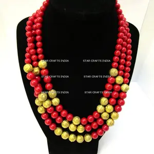 Perhiasan manik-manik Resin berwarna merah & emas kaca mulia perhiasan kalung manik-manik batu permata Oval segi Multi safir