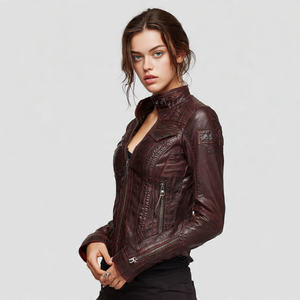 Chaqueta de Cuero PU para Mujer, Estilo Urbano, OEM, Cuello Camisero, Chaqueta de Cuero Genuino para Motociclista - Product Image 2