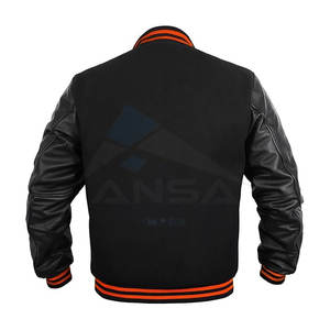 Chaqueta Universitaria Auténtica para Hombre, Cuerpo de Mezcla de Lana Suave con Mangas de Cuero Genuino, Ribete Elástico, Forro Negro y Naranja - Product Image 4