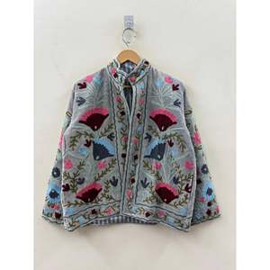 Gulbadan Hand Suzani Embroidered Velvet Reversible Jacket Grey-<b>Silver</b> Base Size 5XL Autumn/Winter Outerwear in Boho Style - Product Image 1