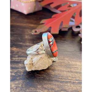 Navajo Made Multi-Stone Geometric Pattern <b>Ring</b> Coral <b>Opal</b> Rhodium Plated Sterling <b>Silver</b> Inlay Size 7 Perfect Gift Platinum Main - Product Image 3