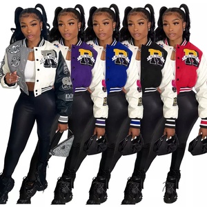 Crop Varsity <b>Jacket</b> Letterman <b>Jacket</b> College <b>Jacket</b> with Custom Logos and Chenille <b>Patches</b> at Wholesale for Women - Product Image 1