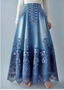 กระโปรงยาวผ้ายีนส์พิมพ์ลายแยกมีกระดุมติดซิปด้านหน้าเสื้อแมกซี่สไตล์แฟชั่นสุดชิค - Product Image 2