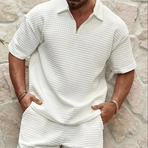 Trajes de verano de 2 piezas de alta calidad, Top cómodo y pantalones cortos, chándales cómodos, conjunto deportivo de Polo de Color sólido con gofres - Product Image 2