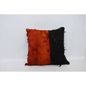 Orange Ikat Patchwork Wool <b>Pillow</b> 28x28 Inch Vintage Embroidered Ruffled Pattern Decorative <b>Pillow</b> for Bedding or Floor Use - Product Image 1