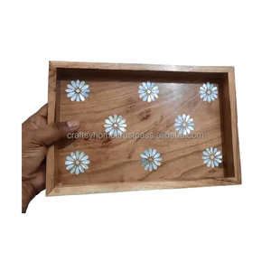 Wholesales Acacia walnut handcrafted round chocolate wooden shiny mother of pearl inlay <b>trays</b> MOP wood serving <b>trays</b> - Product Image 2