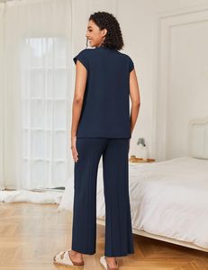 Conjuntos de salón para mujer, conjuntos de dos piezas, camisetas de manga de gorro de punto, pantalones plisados de pierna ancha, conjuntos de suéter informales y elegantes - Product Image 5