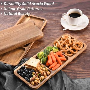 Plateau de service en bois d'acacia 14 "x 5.5" Plateau de service en bois 3 sections Plateaux en bois rectangulaires pour aliments Fromage Snacks Fruits - Product Image 4