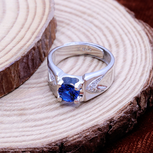 Bague unisexe certifiée Memoria Jewels, faite à la main, en argent sterling 925 plaqué or, avec zircon cubique bleu et blanc créé en laboratoire - Product Image 2