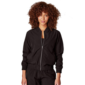 Women's Black Bomber <b>Jacket</b> Full Sleeve Stand Collar Zipper Closure Solid Color Woven Polyester Autumn Wear - Product Image 4