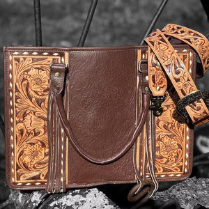 Sac fourre-tout en cuir véritable 100% fait main, style bohème, fleurs, logo personnalisé, léger, grande capacité, été - Product Image 1