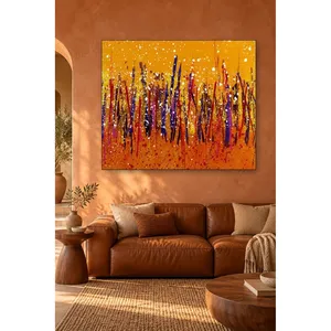 ภาพพิมพ์บนผ้าใบลายเส้นแปรงสีม่วงและสีแดงบนพื้นหลังสีส้ม - Product Image 4