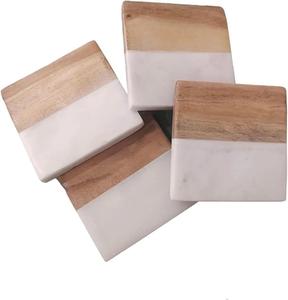 Marble Wood Square <b>Coasters</b> Set of 4 | Modern Home Decor | White Marble and Acacia <b>Coasters</b> | Luxury Gift <b>Drink</b> <b>Coasters</b> - Product Image 2