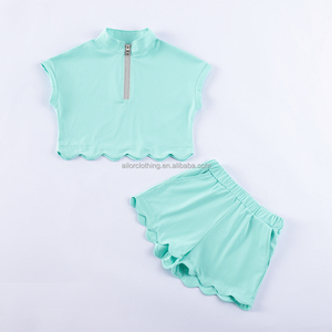Nylon Spandex Yoga <b>Set</b> <b>Girls</b> Sleeveless half zip Scalloped Hem Wholesale Kids Two Piece <b>Activewear</b> Short <b>Set</b> - Product Image 4