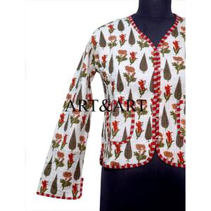 Women's 100% Cotton Short Spring Floral Print <b>Quilted</b> Jacket with Breathable Hand Block Design Button Pockets Full Sleeves - Product Image 2