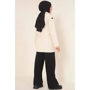 Gabardina corta de doble botonadura para mujer, gabardina de algodón con estampado de piel de oveja de punto de lana Beige para primavera invierno otoño - Product Image 4