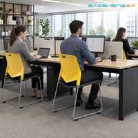 Chaise de conférence empilable ergonomique avec dossier jaune et assise gris foncé, structure en fer, pour réunions, bureaux, écoles, hôtels