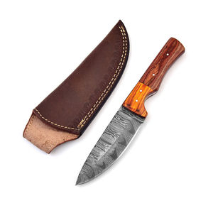 Couteau à lame fixe artisanal OEM, zone convective, acier Damas, lame pleine soie, pointe tombante, lame à changement rapide, manche en bois de Pakka mosaïque, étui - Product Image 1