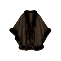 Cape longue en cachemire et laine noire pour femme, finition OEM, douce, avec bordure en fourrure de renard, épaisse, faible MOQ, mode hiver chauffante