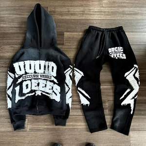 Conjunto de sudadera con capucha y pantalones de chándal de gran tamaño personalizados, bordado de desgastes lavado ácido, chándal de talla grande ecológico para hombre Stack Flare - Product Image 6