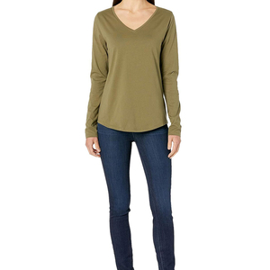 T-shirts décontractés à manches longues pour femmes, col en V, 100% coton, écologiques, anti-froissement, logo imprimé personnalisé, vêtements de sport - Product Image 4