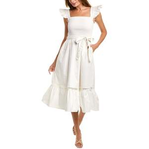 Abito Midi Leota in Popeline con Cintura, Linea ad A, Bianco, Taglia S, con Vita Naturale - Product Image 1