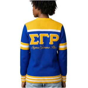 Cardigan en laine Sigma Gamma Rho bleu et or pour femme, pull boutonné avec lettres grecques, vêtements de sororité SGR, coupe premium - Product Image 2