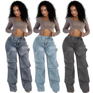 กางเกงยีนส์ผ้าสแปนเด็กซ์/ ผ้าฝ้ายหลายกระเป๋าทรงหลวมลายดอกไม้เป็นมิตรต่อสิ่งแวดล้อมสำหรับผู้หญิง - Product Image 2