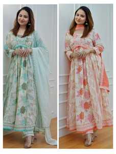 Costume Anarkali pour femmes de qualité supérieure élégant imprimé fleuri brodé Dupatta pantalon assorti filet de coton fêtes de mariage - Product Image 3