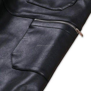 Custom Designer Solid Black <b>Flared</b> Pocket Zipper <b>Leather</b> Pants for Men - Product Image 4